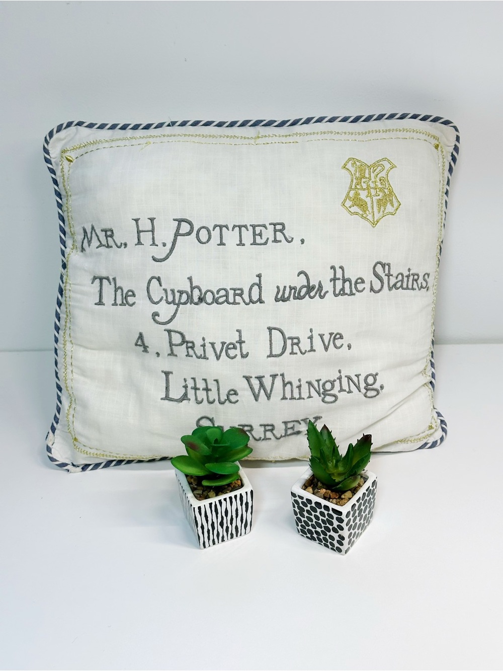 Harry Porter letter Cream Pillow with Gold Crest and Navy Trim